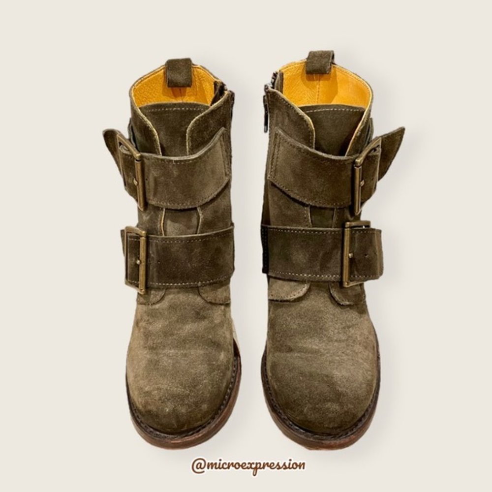 $399 Frye Sabrina Double Buckle Academia Green Suede Leather Moto Ankle Booties - Picture 10 of 15